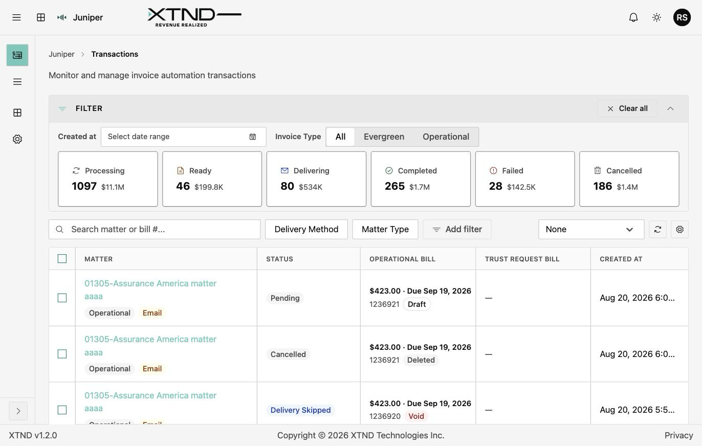 Juniper transactions screen, showing invoice automation status and totals across processing, delivering, and completed bills
